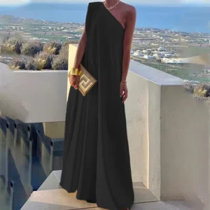 אופנת נשים 2024 בגדי ערב לקייץ שימלת מקסי כתף אלכסון חשופה ללא שרוולים סקסית רופפת ארוכה במבמחר צבעים